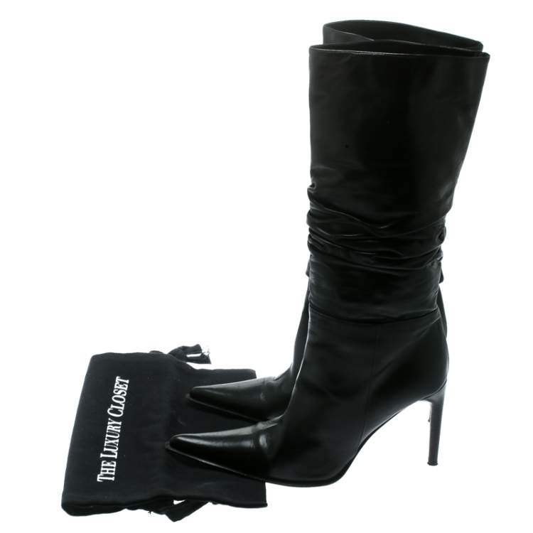 Pre Owned Le Silla Black Leather Rucched Detail Calf Length Pointed Toe Boots Size 38