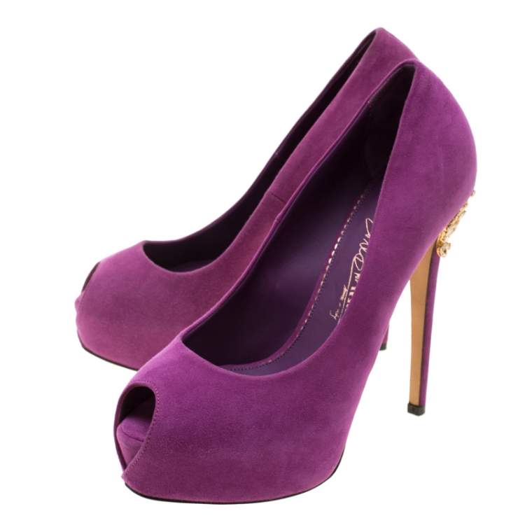 Pre Owned Enio Silla For Le Silla Purple Suede Open Toe Crystal Embellished Heel Platform Pumps Size 37