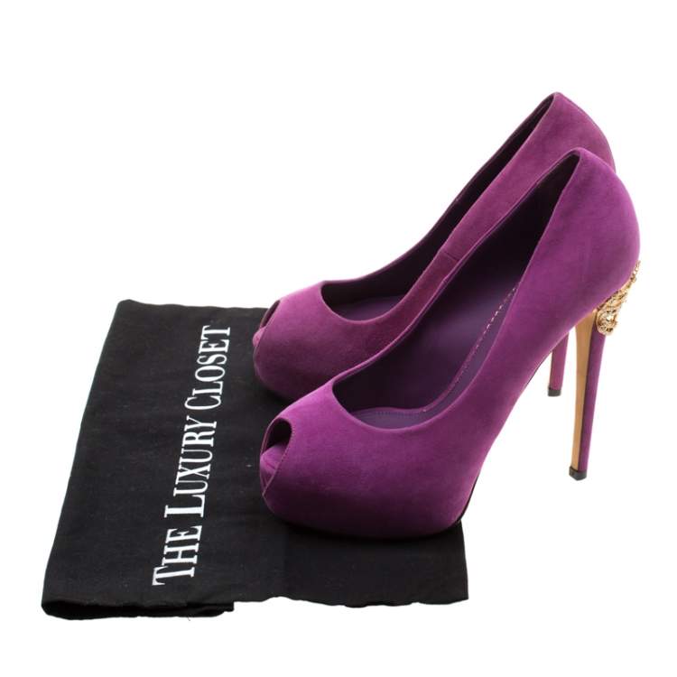 Pre Owned Enio Silla For Le Silla Purple Suede Open Toe Crystal Embellished Heel Platform Pumps Size 37