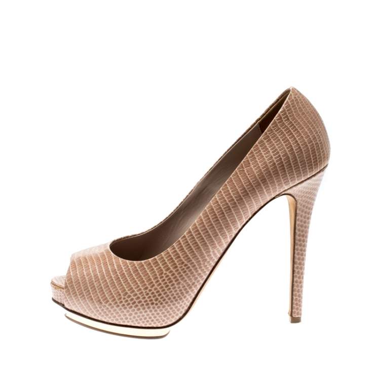 Pre Owned Le Silla Beige Python Embossed Leather Peep Toe Pumps Size 38.5