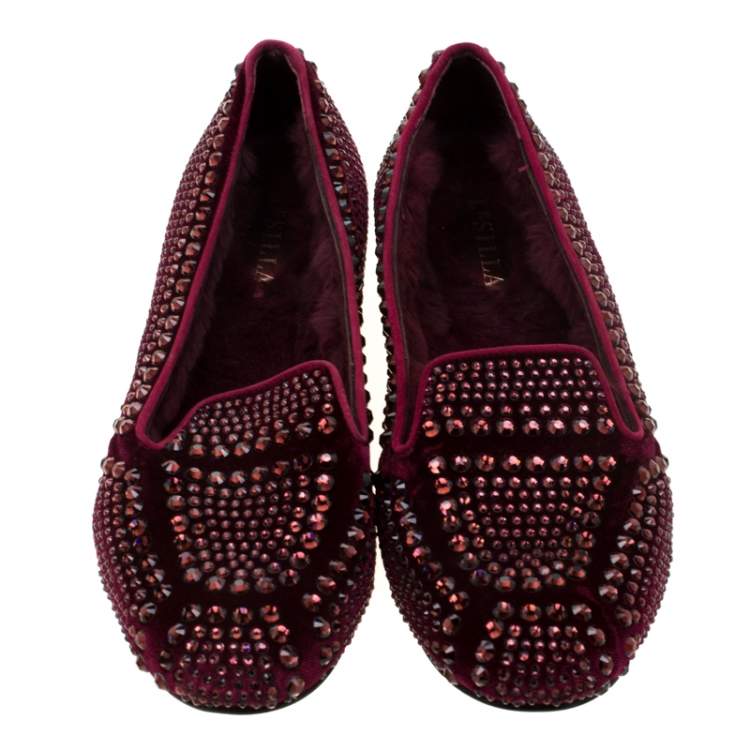 Pre Owned Le Silla Burgundy Velvet Crystal Embellished Dixie Slip On Loafers Size 39