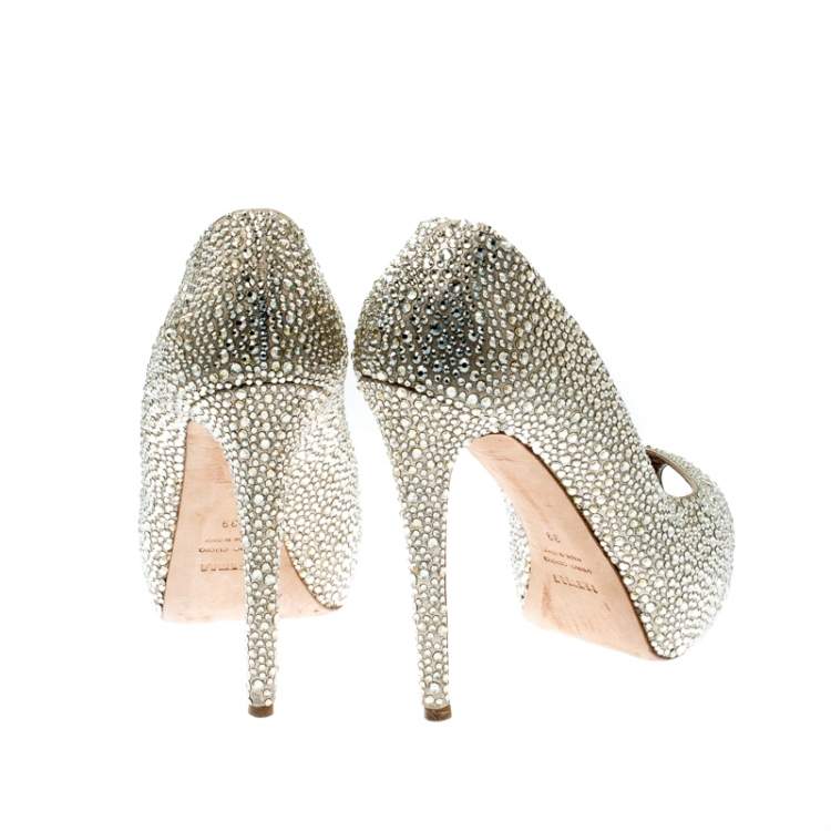 Pre Owned Le Silla Metallic Gold Crystal Embellished Leather Peep Toe Platform Pumps Size 39
