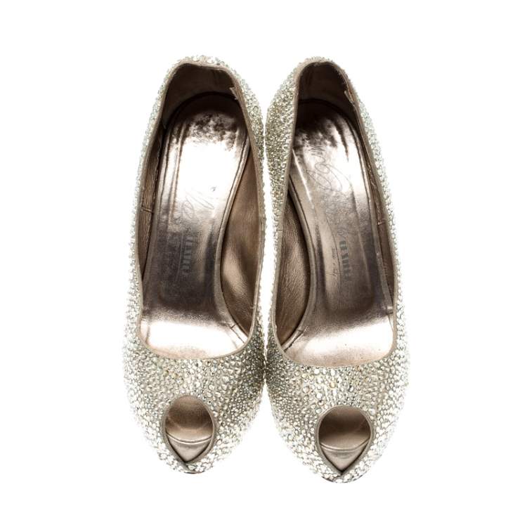 Pre Owned Le Silla Metallic Gold Crystal Embellished Leather Peep Toe Platform Pumps Size 39