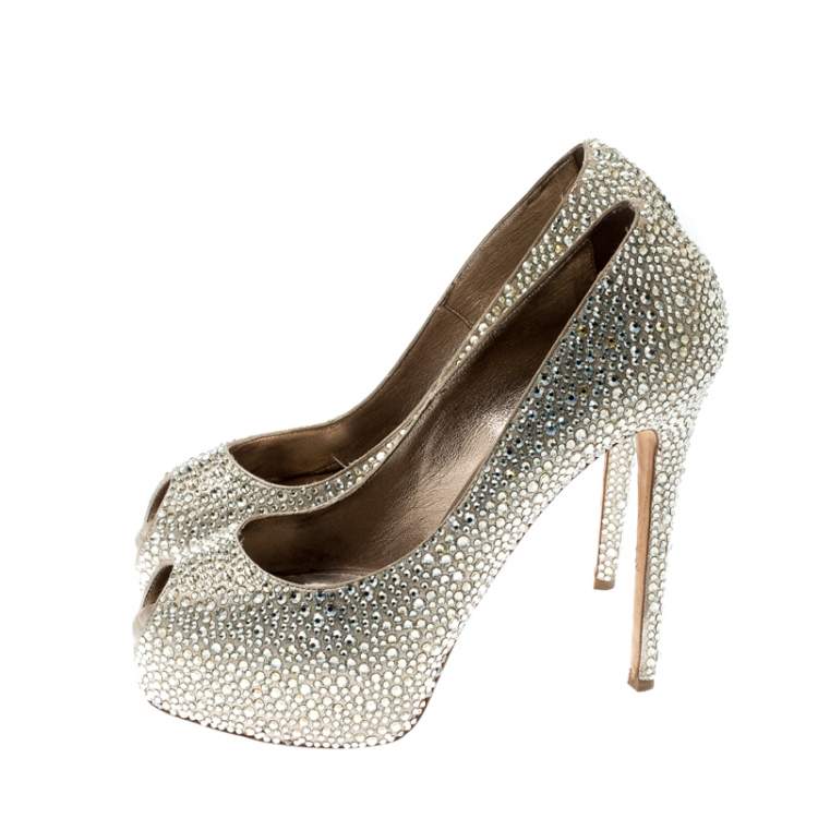Pre Owned Le Silla Metallic Gold Crystal Embellished Leather Peep Toe Platform Pumps Size 39