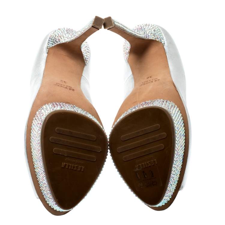 Pre Owned Le Silla Metallic Silver Leather Crystal Embellished Platform Peep Toe Pumps Size 38
