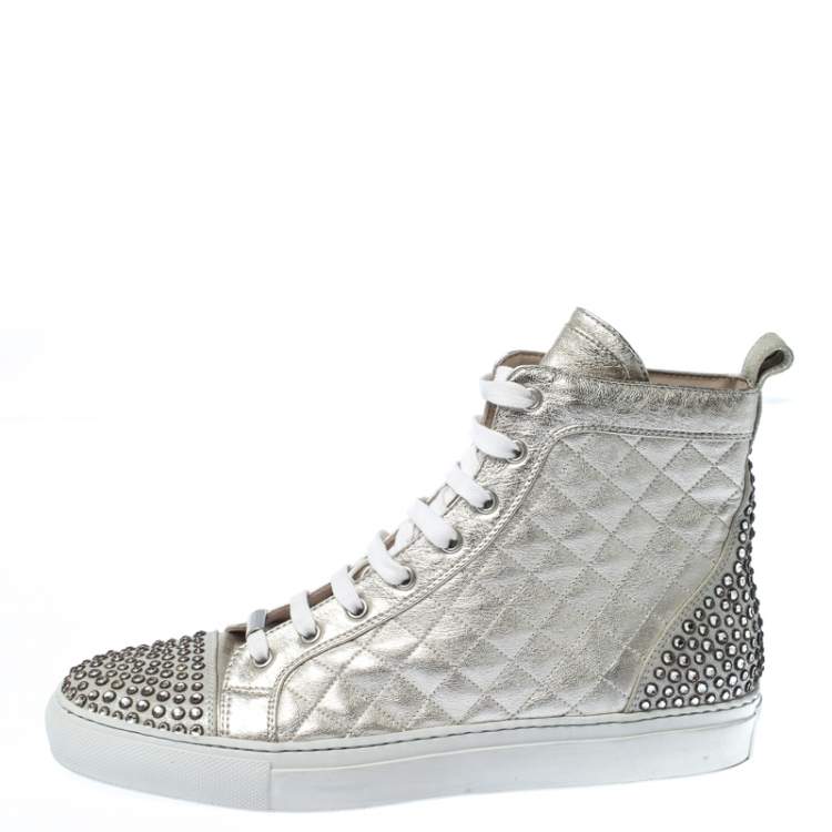 Pre Owned Le Silla Pearl White Metallic Quilted Leather and Suede Crystal Embellished Lace High Top Sneakers Size 38