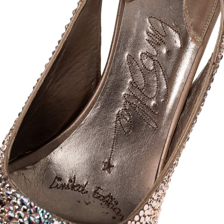 Pre Owned Le Silla Rose Gold Crystal Embellished Satin Limited Edition Peep Toe Platform Sandals Size 40