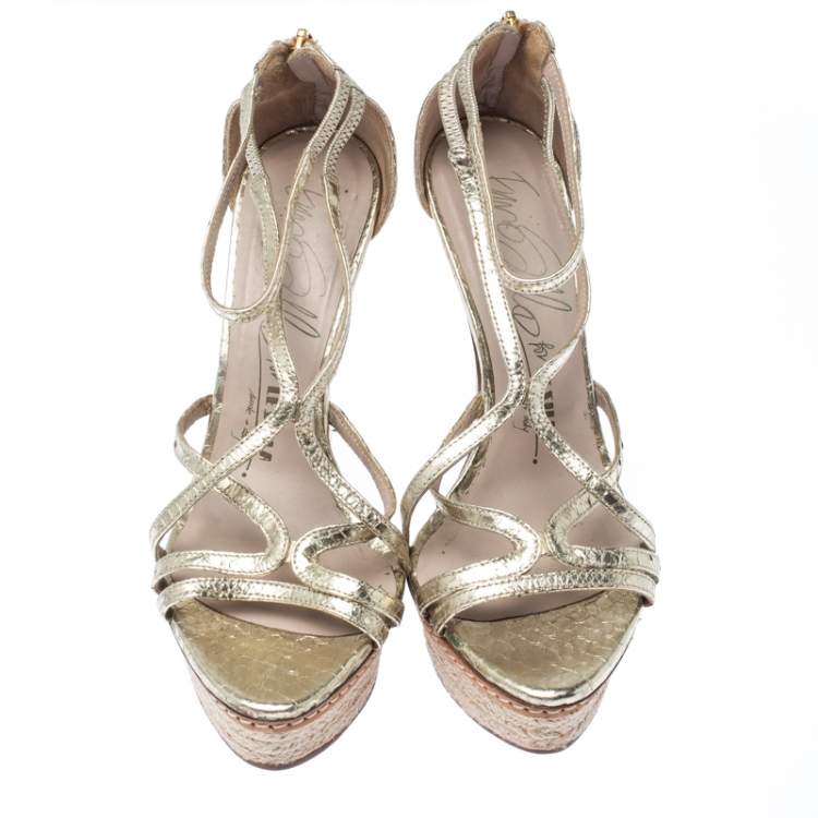 Pre Owned Le Silla Metallic Gold Python Embossed Leather Strappy Platform Sandals Size 36