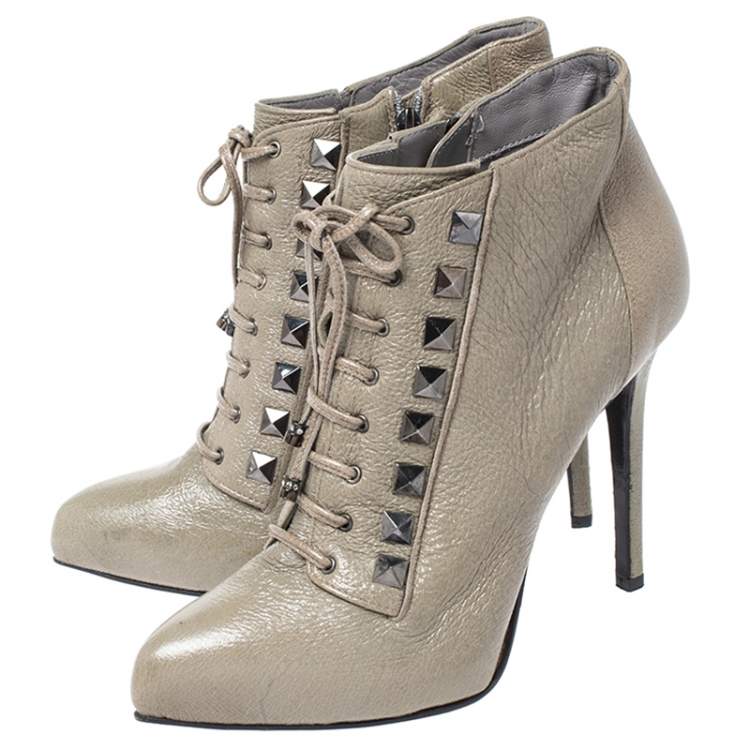 Pre Owned Le Silla Olive Green Leather Studded Pointed Toe Lace Up Ankle Booties Size 38