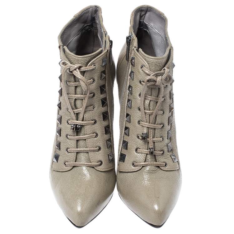 Pre Owned Le Silla Olive Green Leather Studded Pointed Toe Lace Up Ankle Booties Size 38