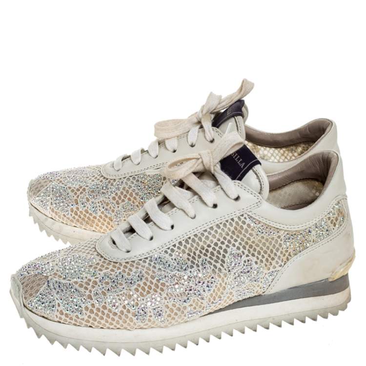 Pre Owned Le Silla Ivory Lace and Leather Trainer Sneakers Size 36.5