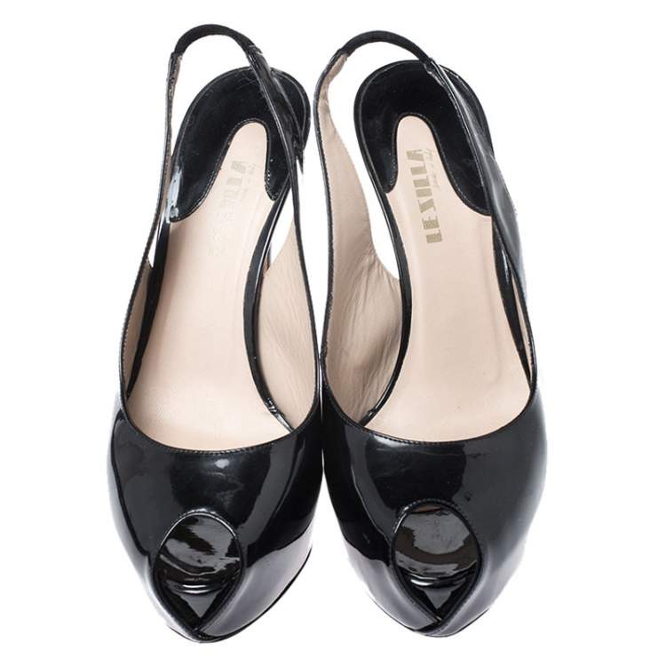 Pre Owned Le Silla Black Patent Leather Peep Toe Slingback Platform Sandals Size 38.5