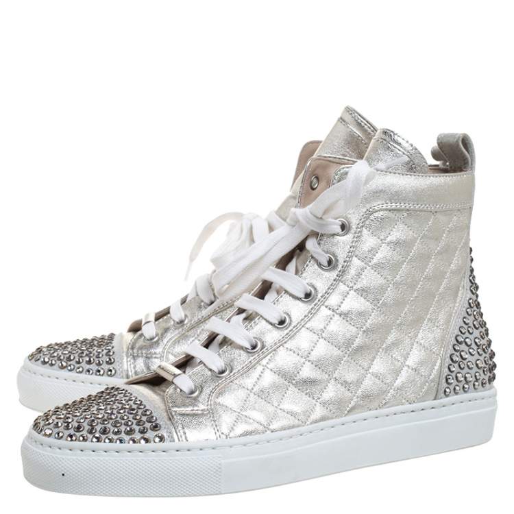 Pre Owned Le Silla Pearl Metallic White Quilted Leather and Suede Crystal Embellished Lace High Top Sneakers Size 36