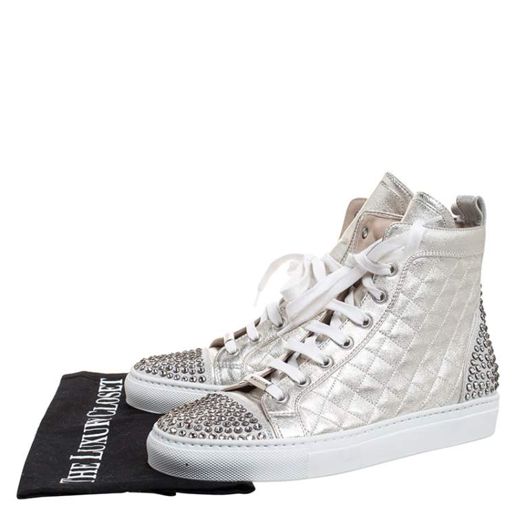 Pre Owned Le Silla Pearl Metallic White Quilted Leather and Suede Crystal Embellished Lace High Top Sneakers Size 36