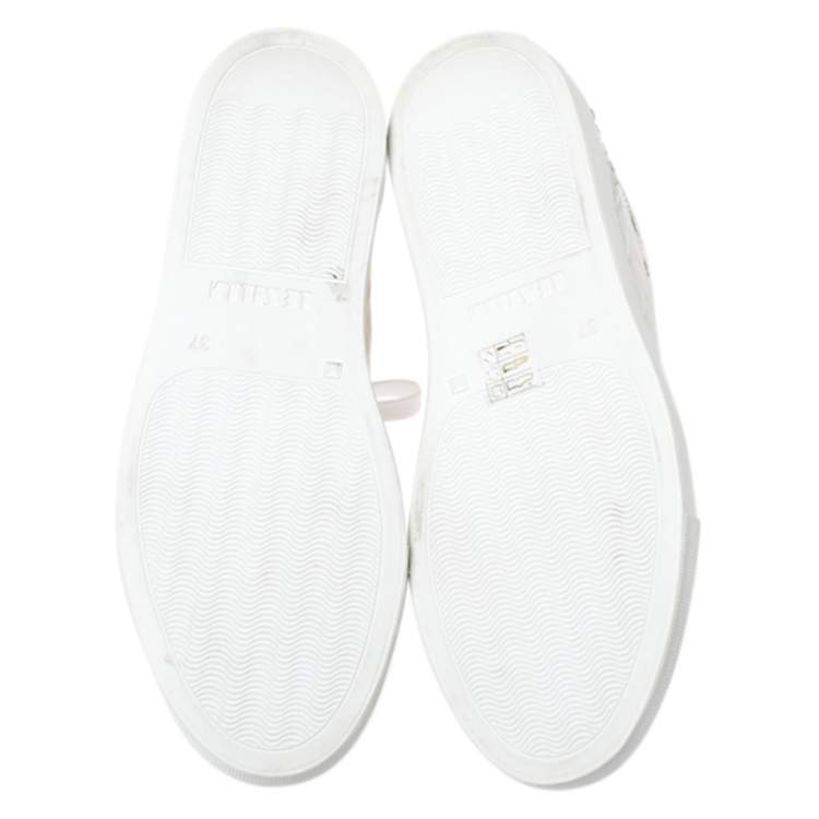 Pre Owned Le Silla Pearl White Metallic Quilted Leather and Suede Crystal Embellished Lace High Top Sneakers Size 37