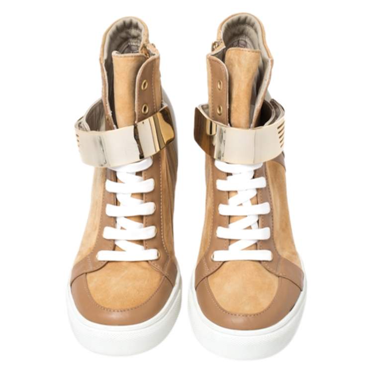 Pre Owned Le Silla Brown/Grey Leather In Chipow High Top Wedge Sneakers Size 40