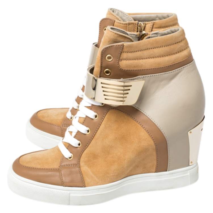 Pre Owned Le Silla Brown/Grey Leather In Chipow High Top Wedge Sneakers Size 40