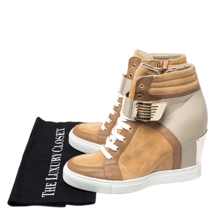 Pre Owned Le Silla Brown/Grey Leather In Chipow High Top Wedge Sneakers Size 40