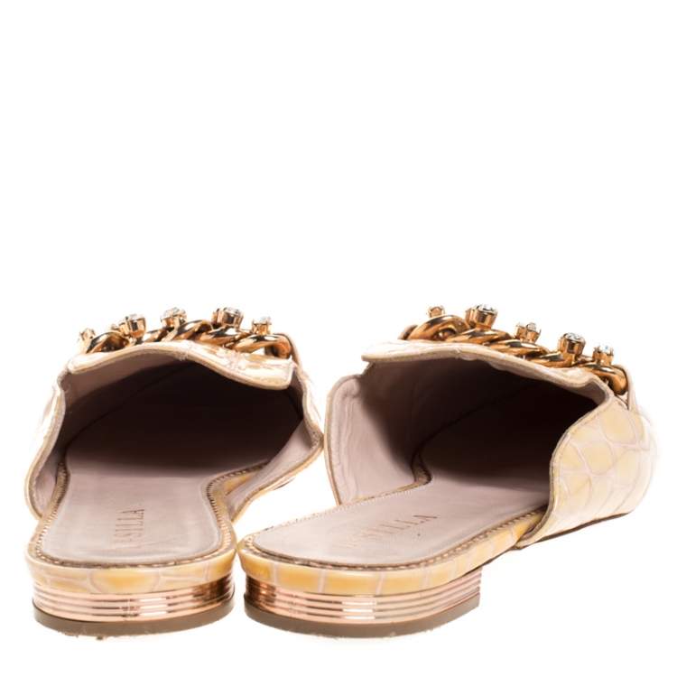 Pre Owned Le Silla Cream Crocodile Effect Patent Leather Crystal Embellished Chain Flat Mules Size 37