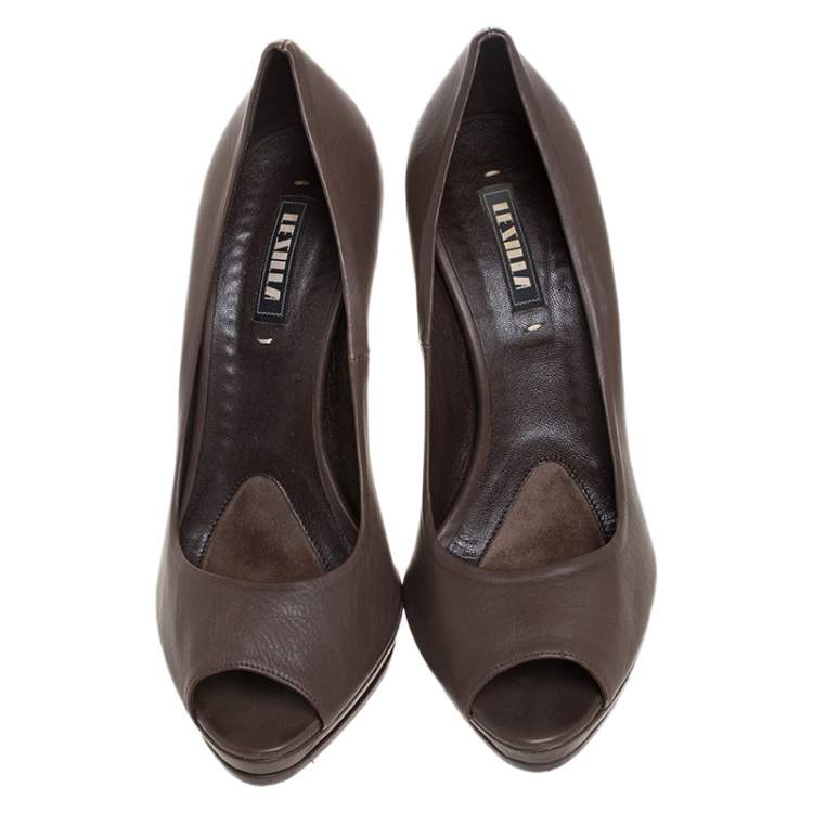 Pre Owned Le Silla Dark Brown Leather Peep Toe Platform Pumps Size 38