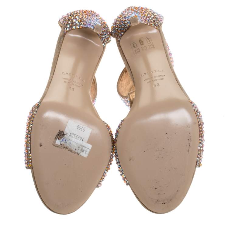 Pre Owned Le Silla Gold Crystal Embellished Nubuck T-Bar Peep Toe Sandals Size 40