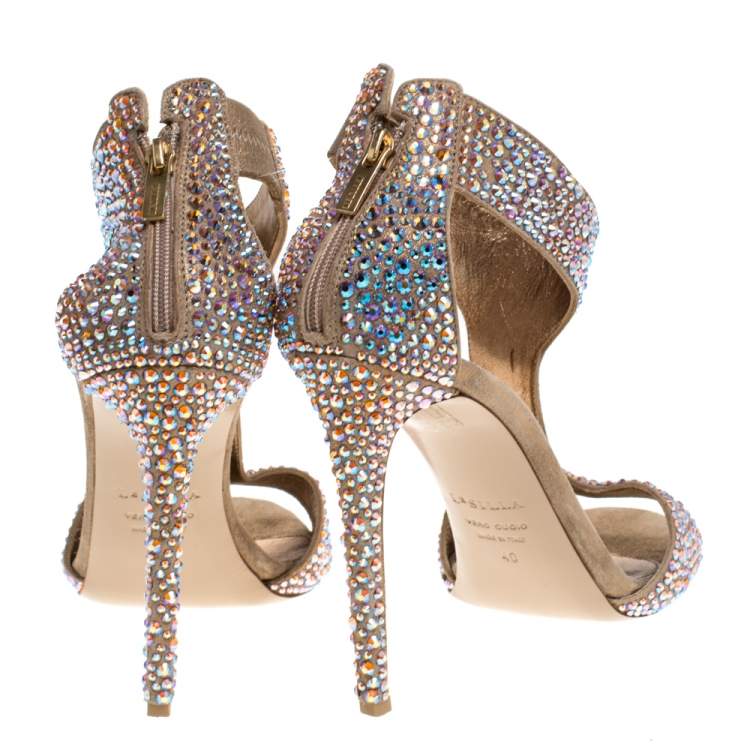 Pre Owned Le Silla Gold Crystal Embellished Nubuck T-Bar Peep Toe Sandals Size 40