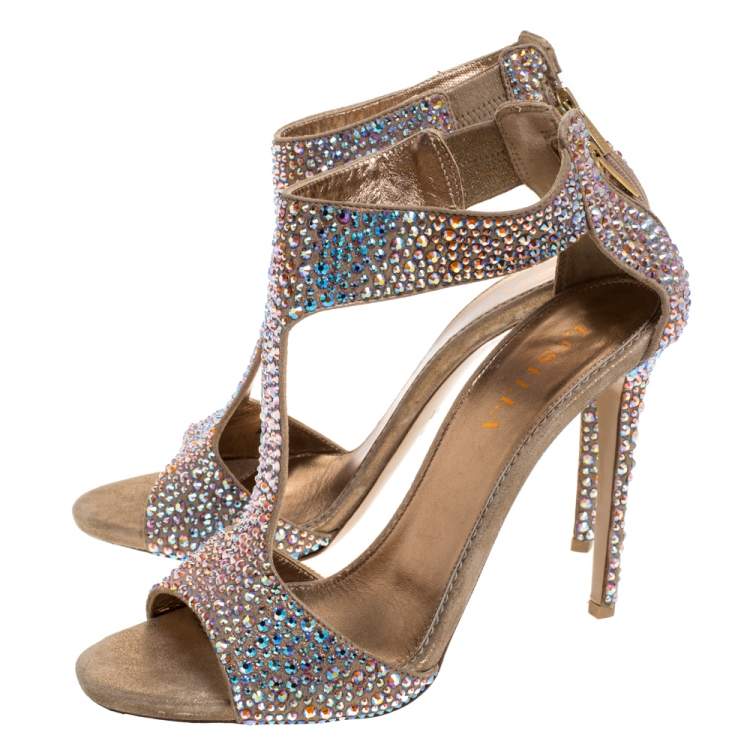 Pre Owned Le Silla Gold Crystal Embellished Nubuck T-Bar Peep Toe Sandals Size 40