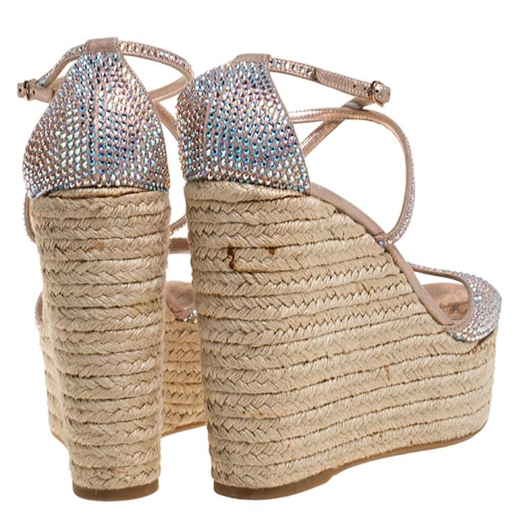 Pre Owned Le Silla Pink Crystal Embellished Suede Leather Espadrille Wedge Platform Ankle Strap Sandals Size 40.5