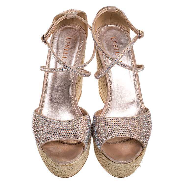 Pre Owned Le Silla Pink Crystal Embellished Suede Leather Espadrille Wedge Platform Ankle Strap Sandals Size 40.5