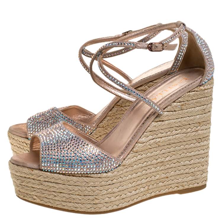 Pre Owned Le Silla Pink Crystal Embellished Suede Leather Espadrille Wedge Platform Ankle Strap Sandals Size 40.5