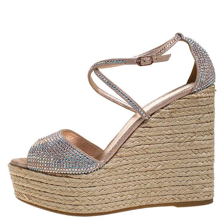 Pre Owned Le Silla Pink Crystal Embellished Suede Leather Espadrille Wedge Platform Ankle Strap Sandals Size 40.5