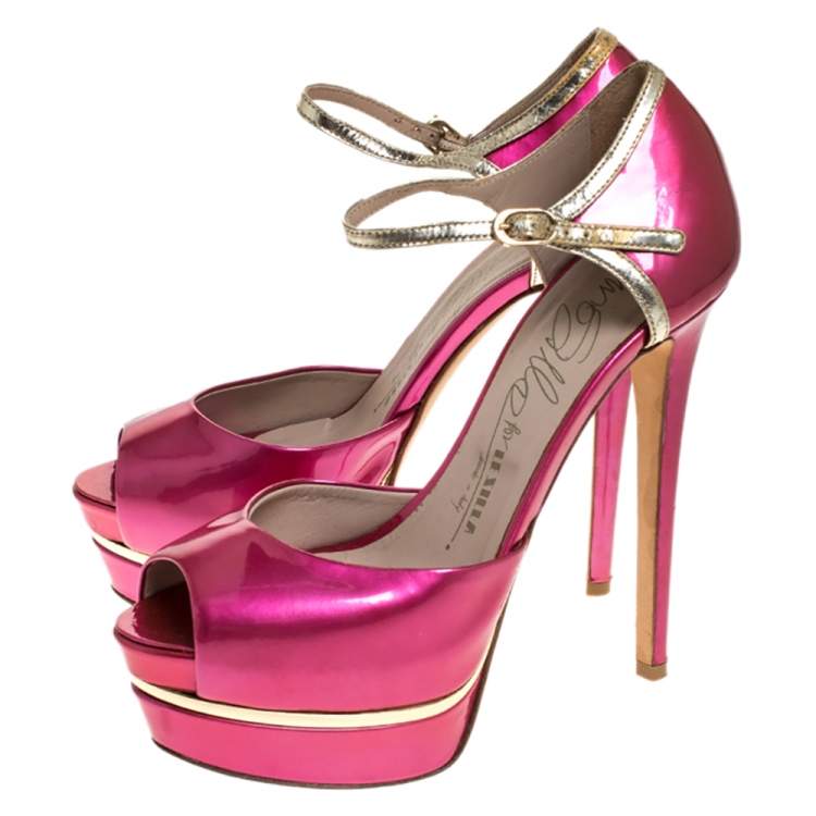 Pre Owned Le Silla Pink Patent Leather Peep Toe Platform Ankle Strap Sandals Size 36