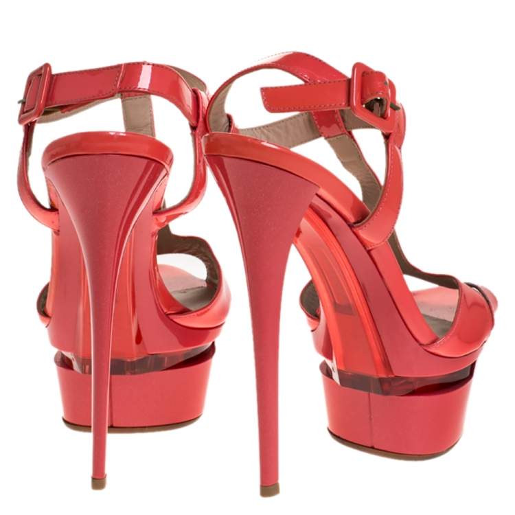 Pre Owned Le Silla Coral Patent Leather T-Bar Ankle Strap Platform Sandals Size 37
