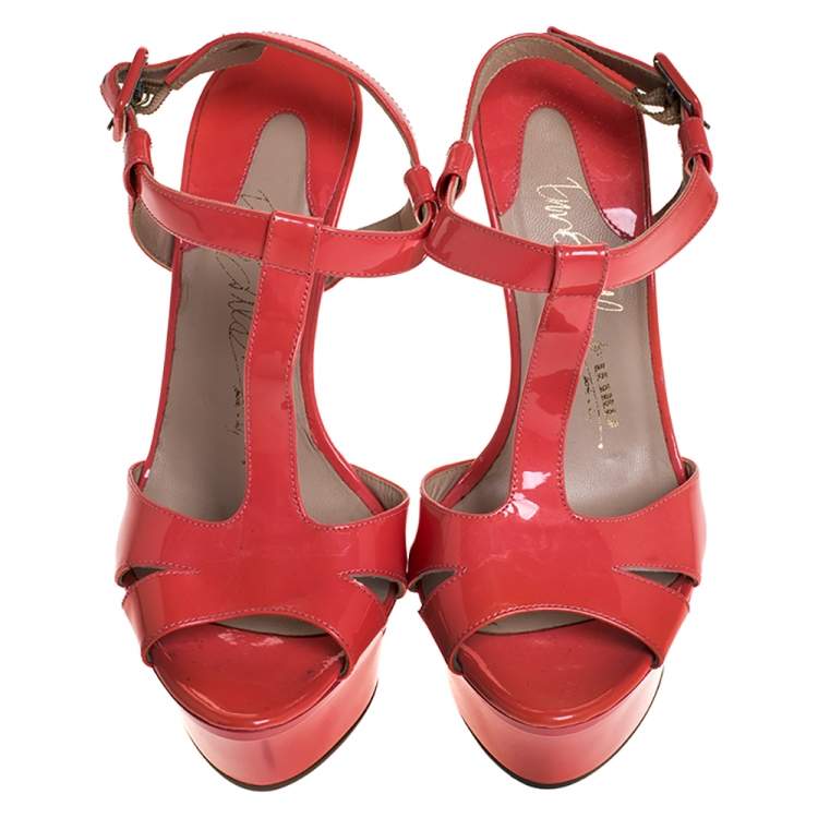 Pre Owned Le Silla Coral Patent Leather T-Bar Ankle Strap Platform Sandals Size 37