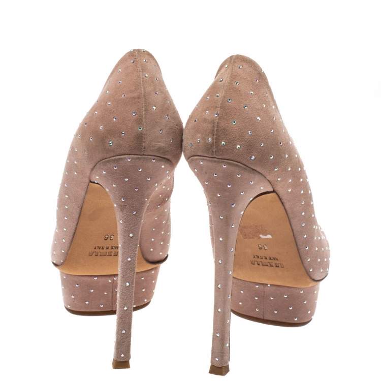 Pre Owned Le Silla Beige Crystal Embellished Suede Platform Pumps Size 36