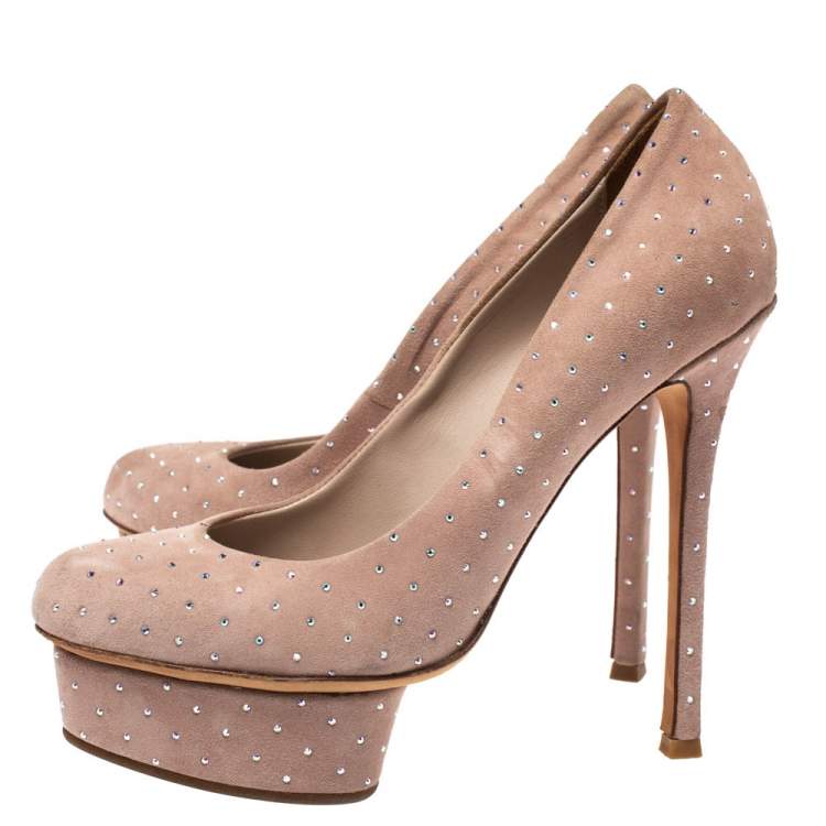 Pre Owned Le Silla Beige Crystal Embellished Suede Platform Pumps Size 36