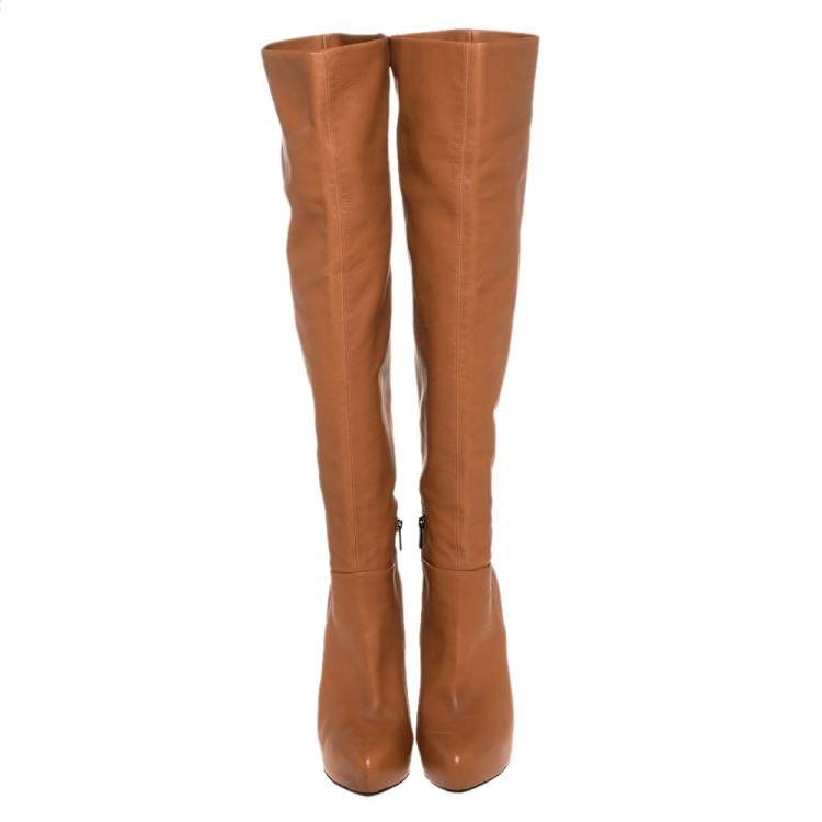 Pre Owned Le Silla Caramel Brown Leather Over The Knee Boots Size 40