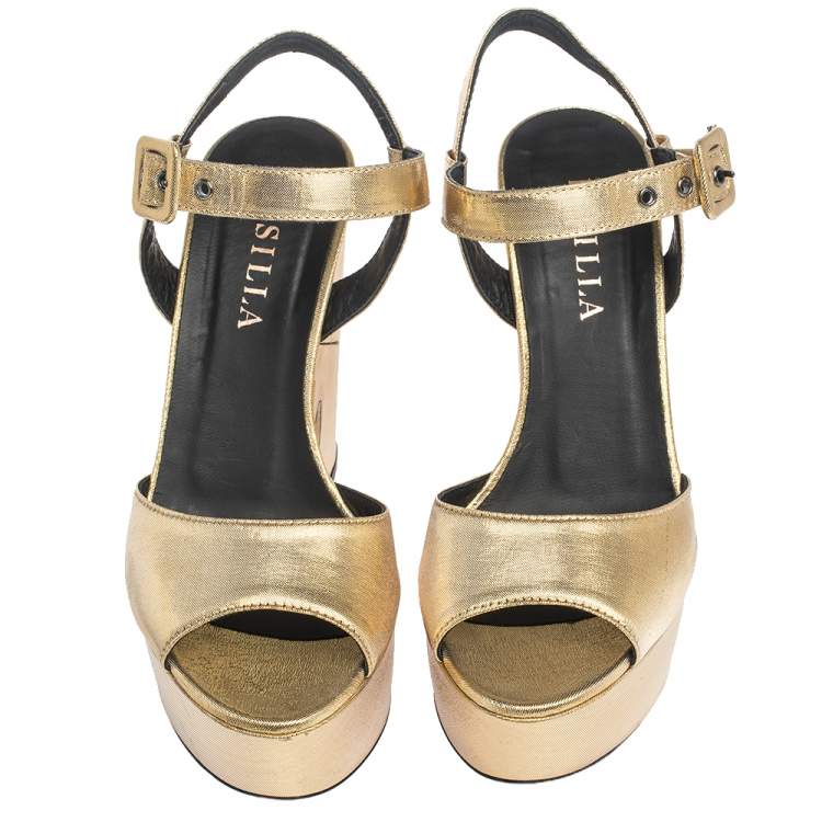Pre Owned Le Silla Gold Lame Fabric Open Toe Ankle Strap Platform Block Heel Wedge Sandals Size 36
