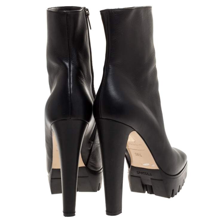 Pre Owned Le Silla Black Leather Mid Calf Square Toe Platform Boots Size 38.5