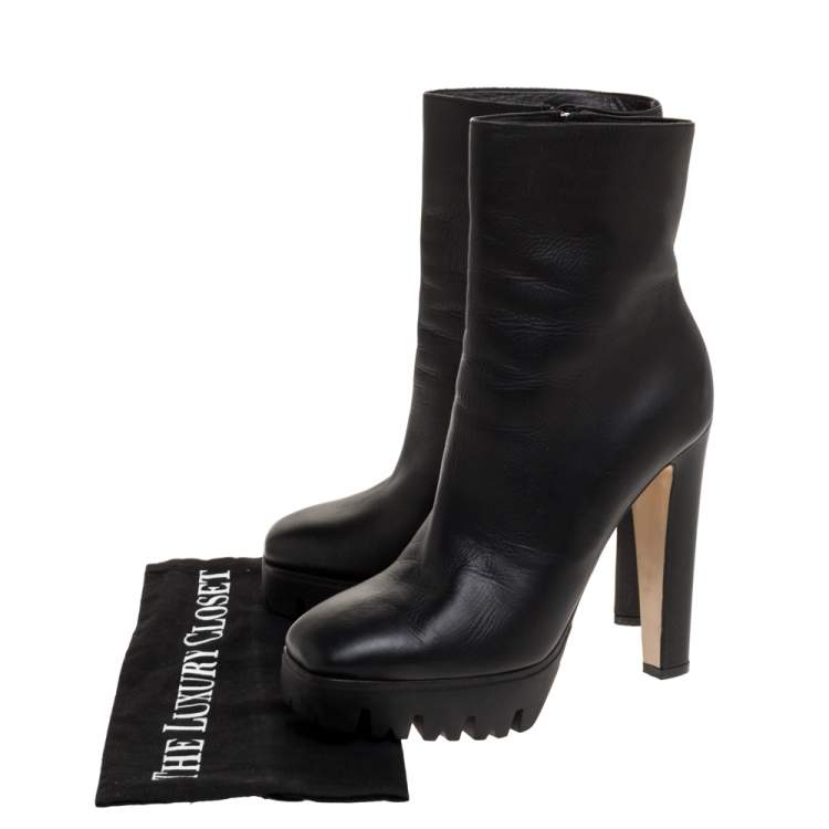 Pre Owned Le Silla Black Leather Mid Calf Square Toe Platform Boots Size 38.5