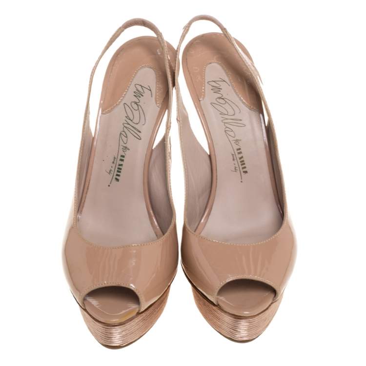 Pre Owned Le Silla Beige Patent Slingback Peep Toe Platform Sandals Size 38.5