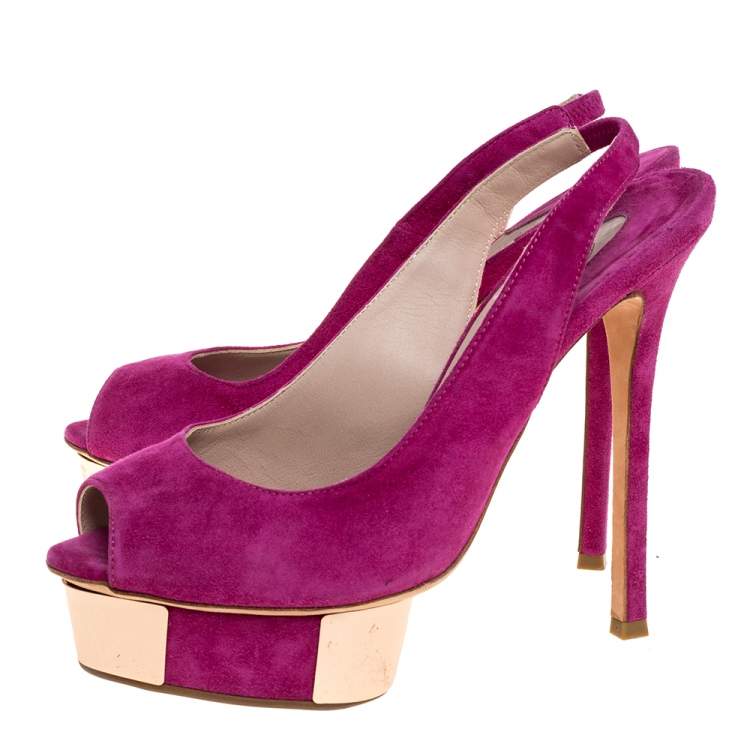 Pre Owned Le Silla Magenta Suede Slingback Peep Toe Platform Sandals Size 38.5