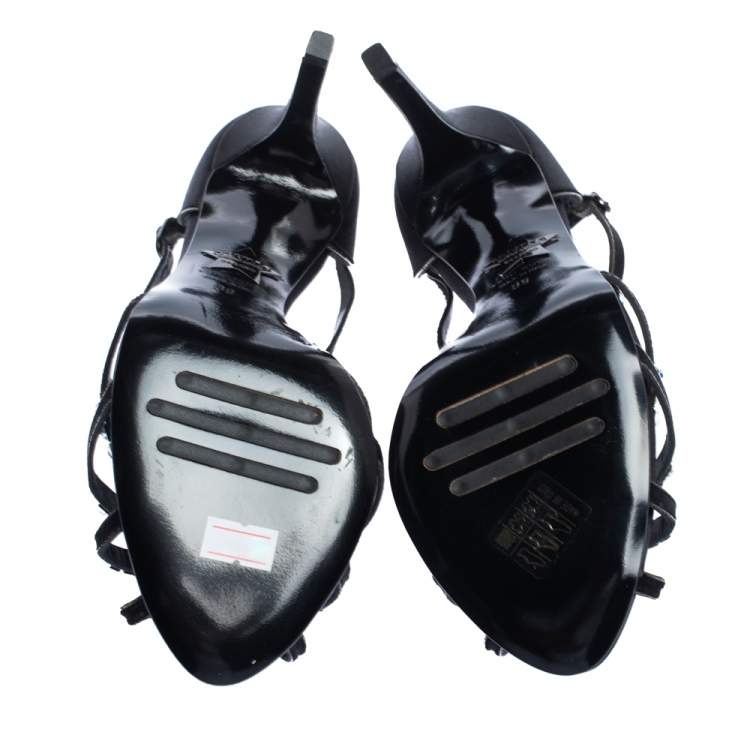 مملوكة مسبقًا Le Silla Black Satin Crystal Embellished Platform Strappy Sandals Size 39