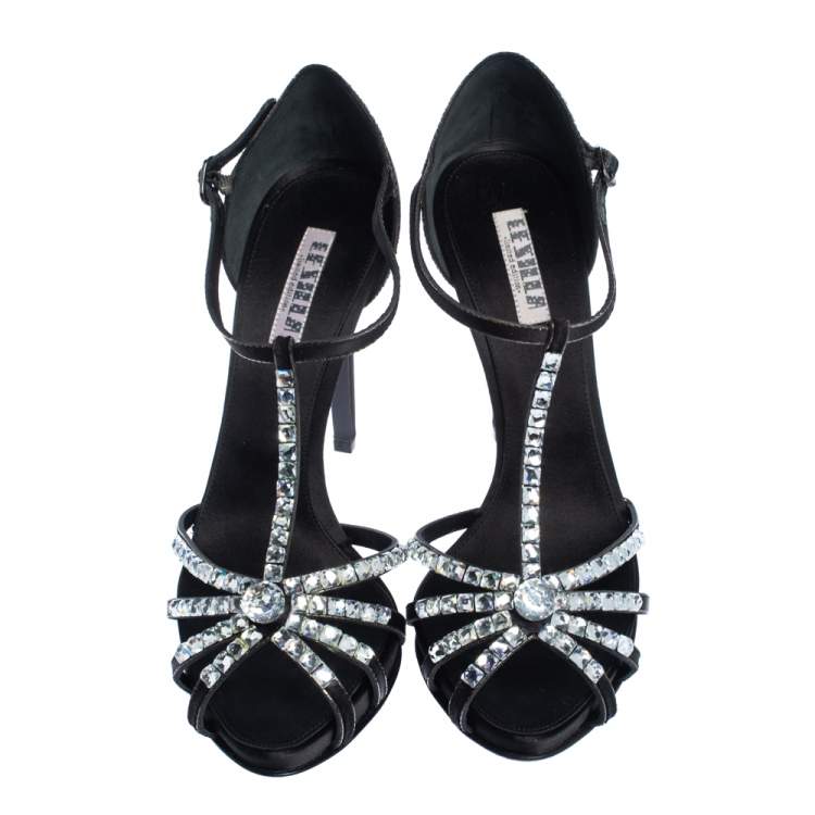 مملوكة مسبقًا Le Silla Black Satin Crystal Embellished Platform Strappy Sandals Size 39