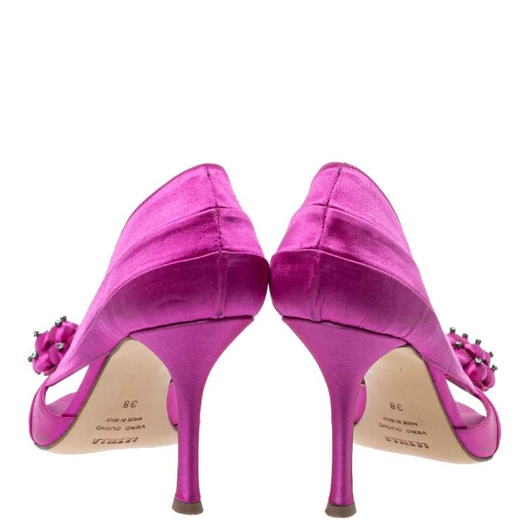 Pre Owned Le Silla Fuchsia Pink Ruched Satin Embellished D'Orsay Peep Toe Pumps Size 38