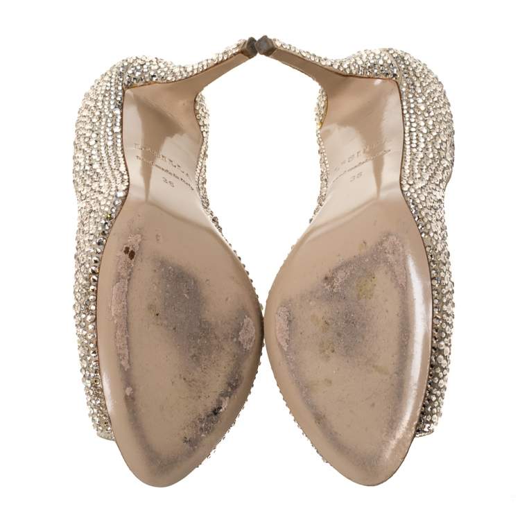 Pre Owned Le Silla Gold Glitter Leather Crystal Embellished Peep Toe Pumps Size 36