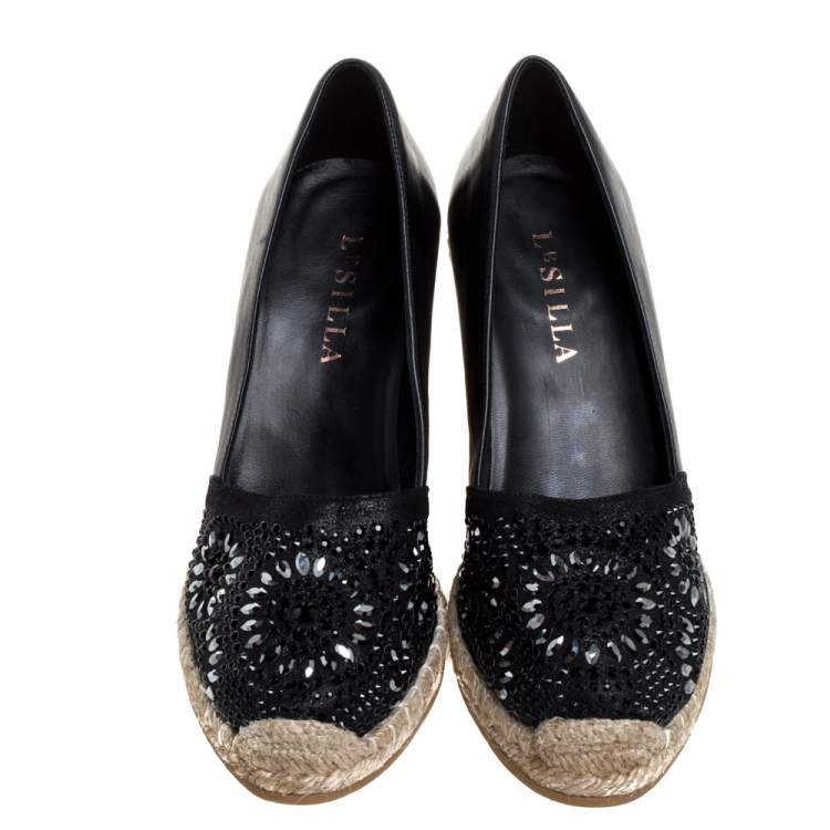 Pre Owned Le Silla Black Leather And Suede Embellished Wedge Espadrille Pumps Size 37