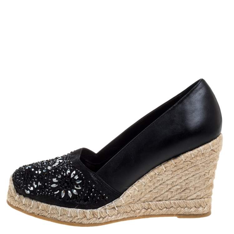 Pre Owned Le Silla Black Leather And Suede Embellished Wedge Espadrille Pumps Size 37