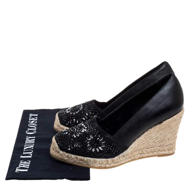 Pre Owned Le Silla Black Leather And Suede Embellished Wedge Espadrille Pumps Size 37