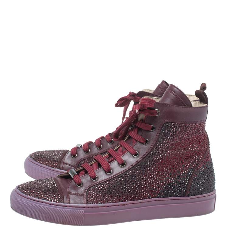 Pre Owned Le Silla Burgundy Crystal Embellished Leather High Top Sneakers Size 38